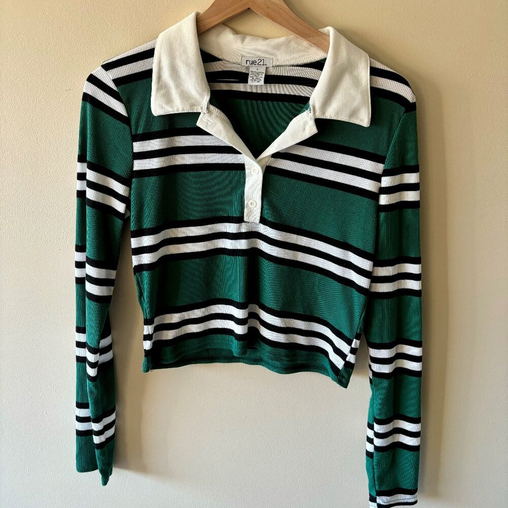 Rue 21 Green and White Striped Rugby Croptop